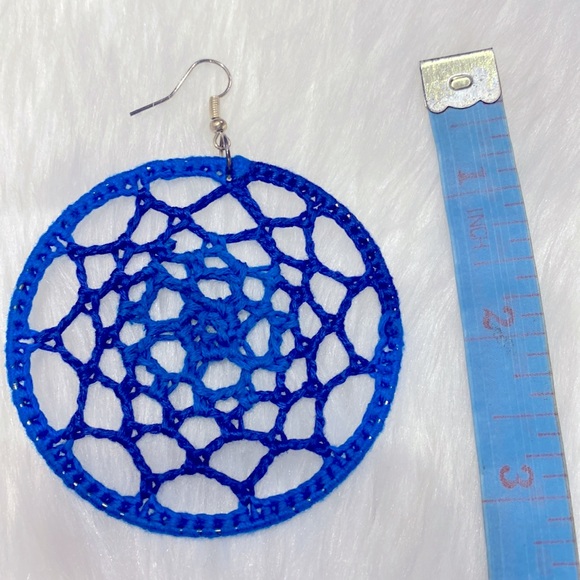 Handcrafted Crochet Webbed Shaded Blue Pair of Hoops Earrings One of A Kind ! - Picture 4 of 5